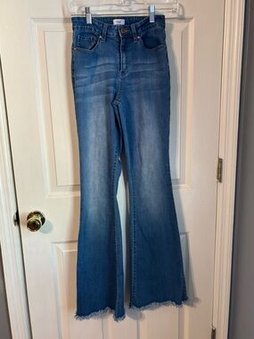 YMI Medium Blue High-Rise Flare Jeans with Frayed Hem - Women